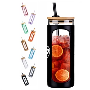 20oz Glass Tumbler with Straw and Lid, Bamboo Lids Water Bottle, Reusable Iced Coffee Cups